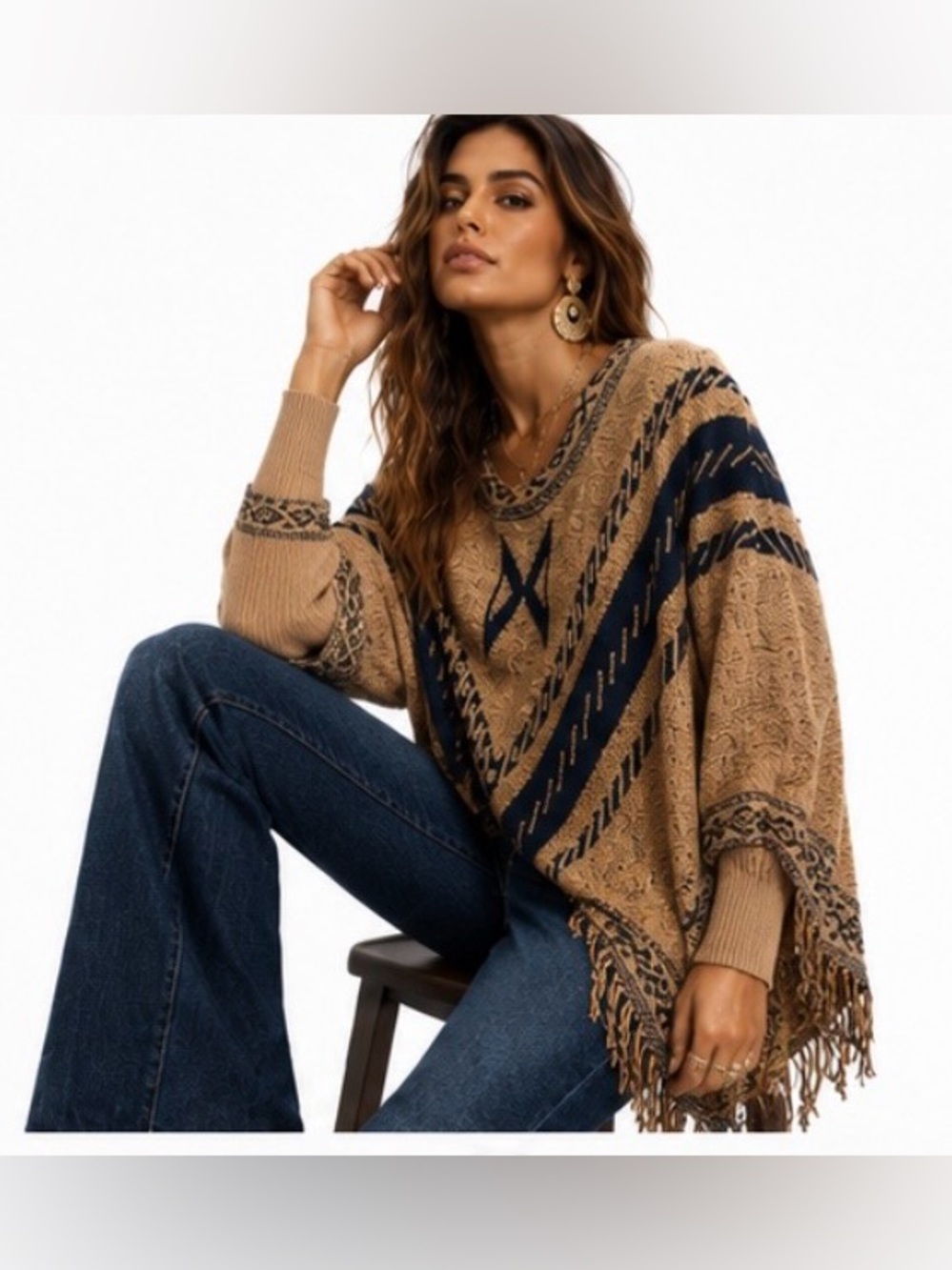 Women's Tan and Black Bohemian Fringe Sweater/Poncho size S - Picture 2 of 6